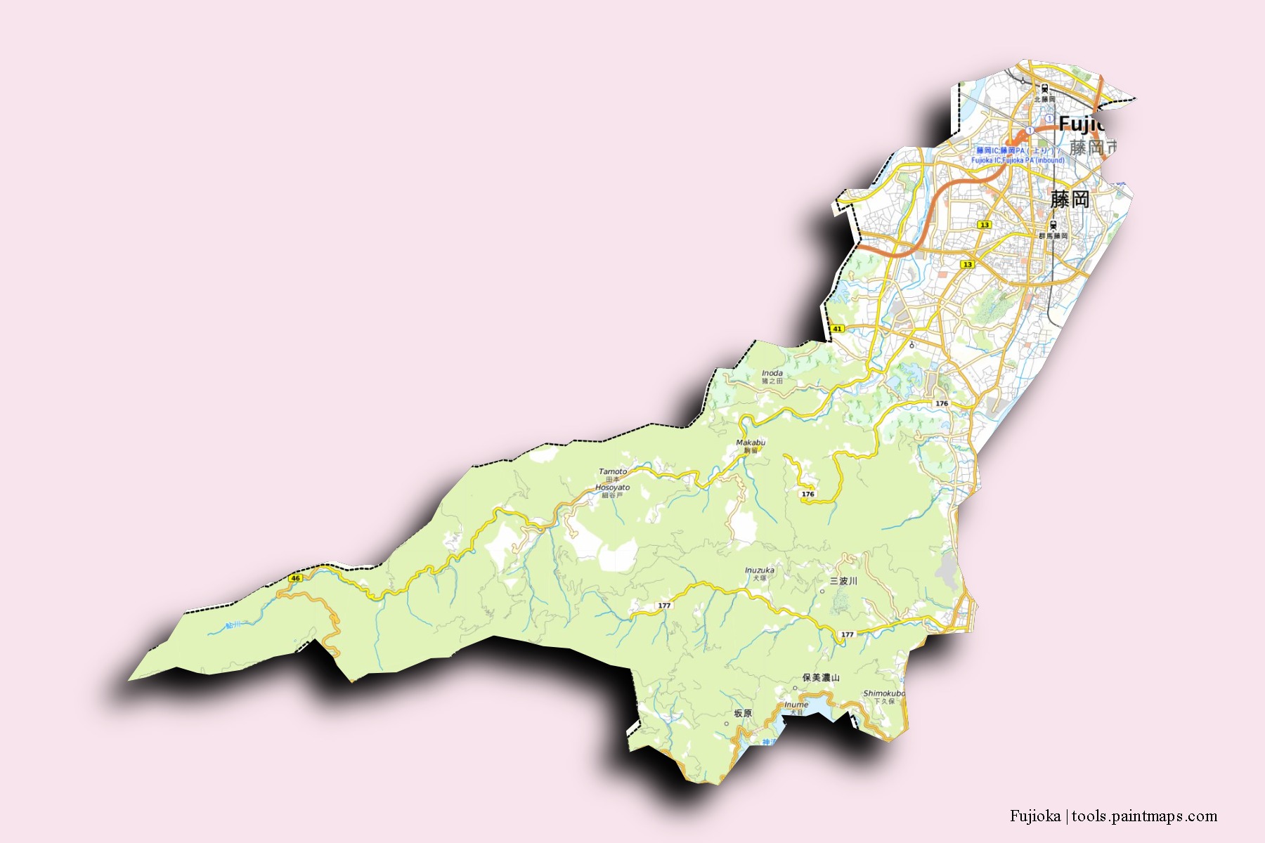 Fujioka neighborhoods and villages map with 3D shadow effect