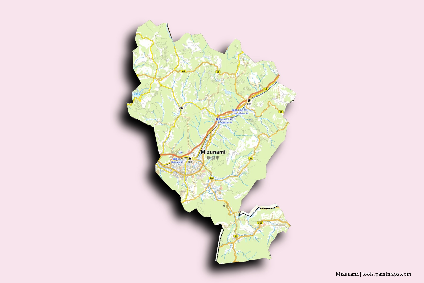 Mapa de barrios y pueblos de Mizunami con efecto de sombra 3D