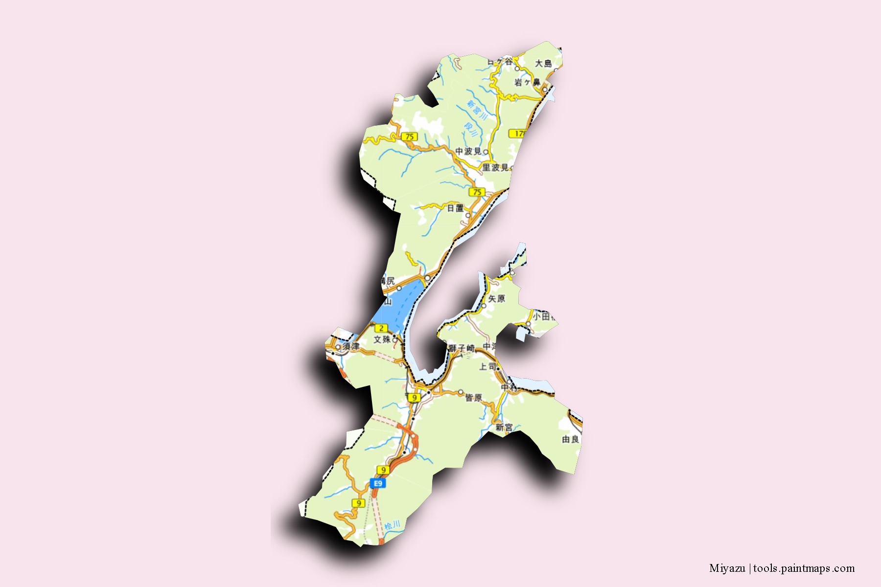 Mapa de barrios y pueblos de Miyazu con efecto de sombra 3D