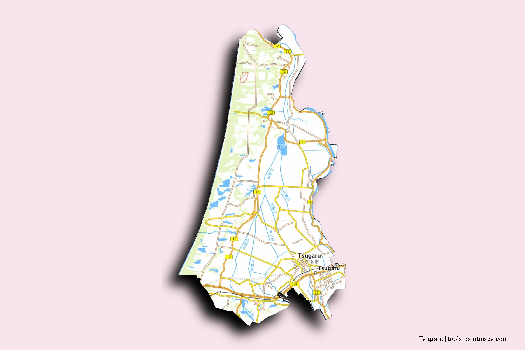 Mapa de barrios y pueblos de Tsugaru con efecto de sombra 3D