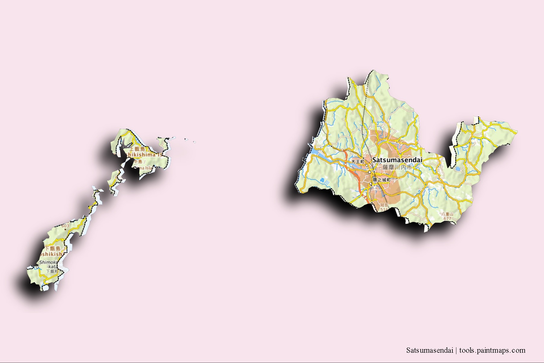 3D gölge efektli Satsumasendai mahalleleri ve köyleri haritası