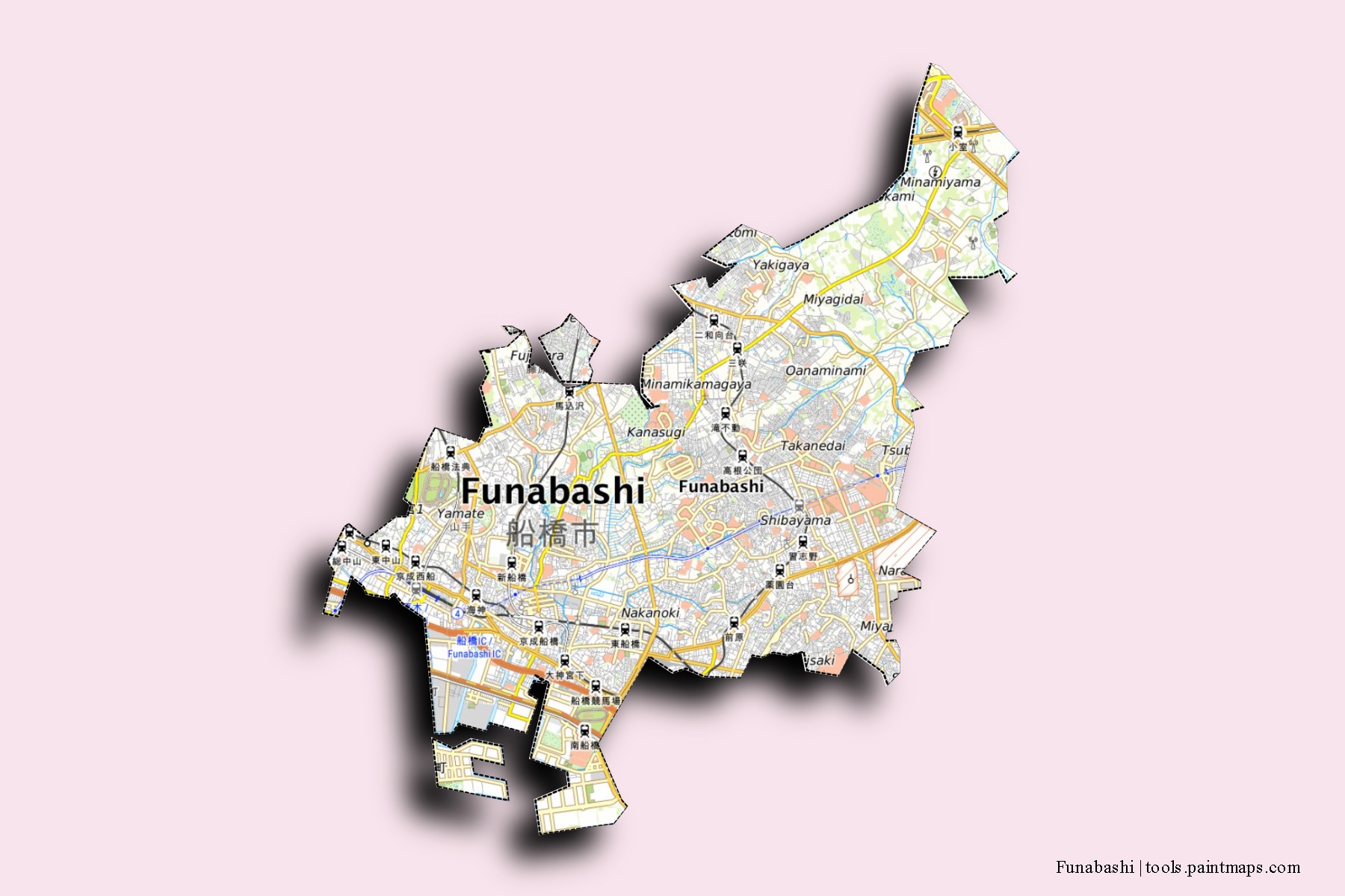 Funabashi neighborhoods and villages map with 3D shadow effect