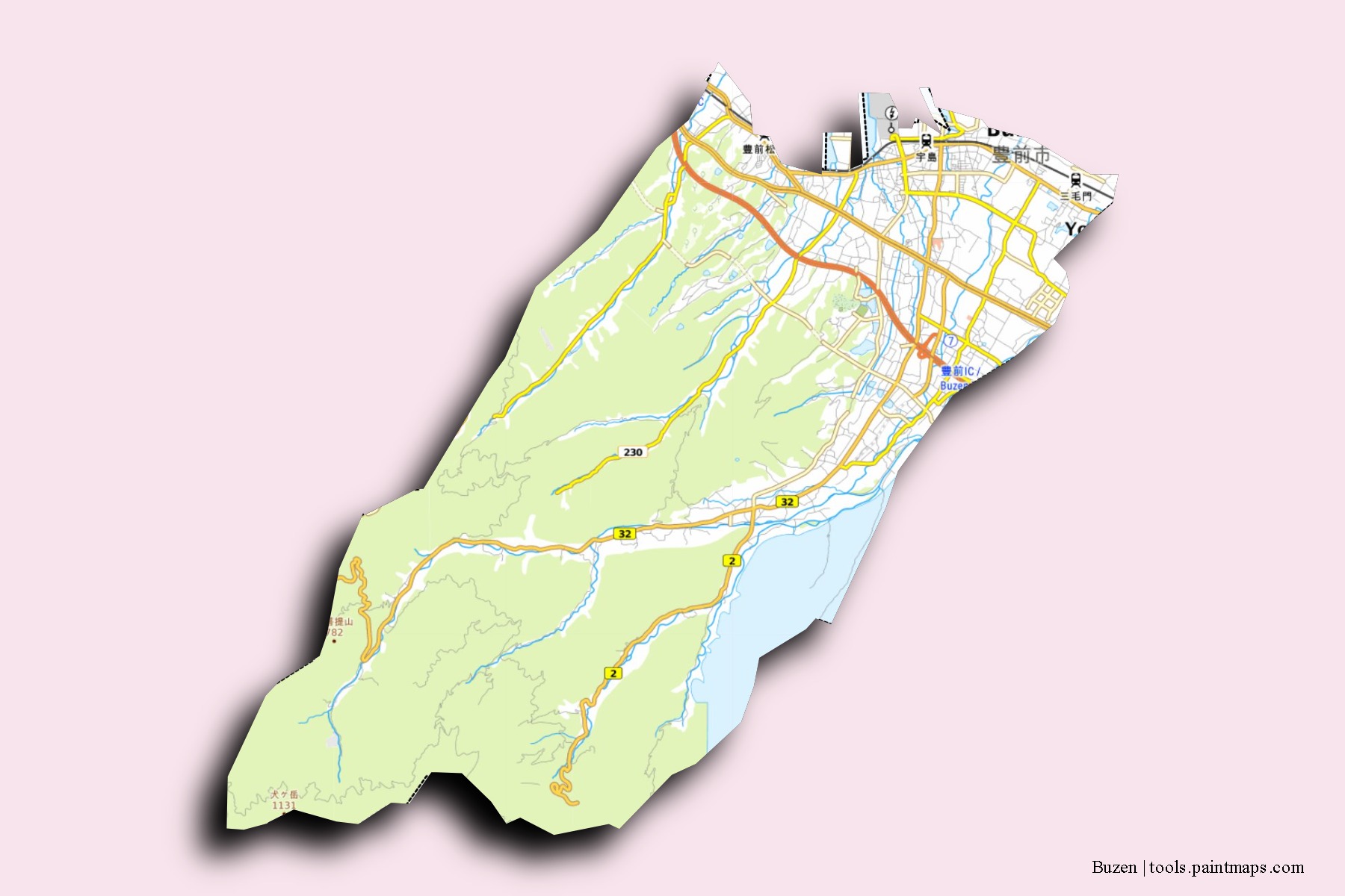 Mapa de barrios y pueblos de Buzen con efecto de sombra 3D