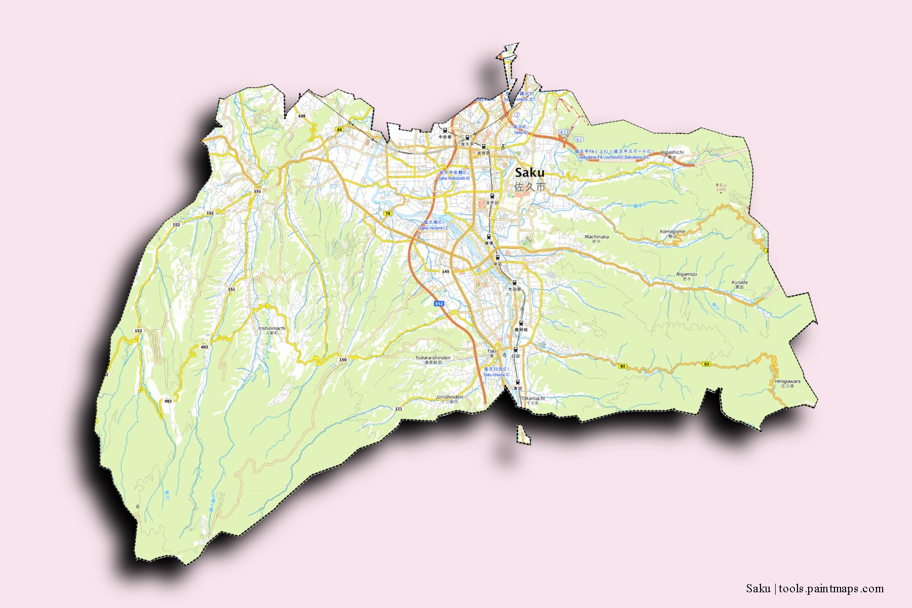 Mapa de barrios y pueblos de Saku con efecto de sombra 3D