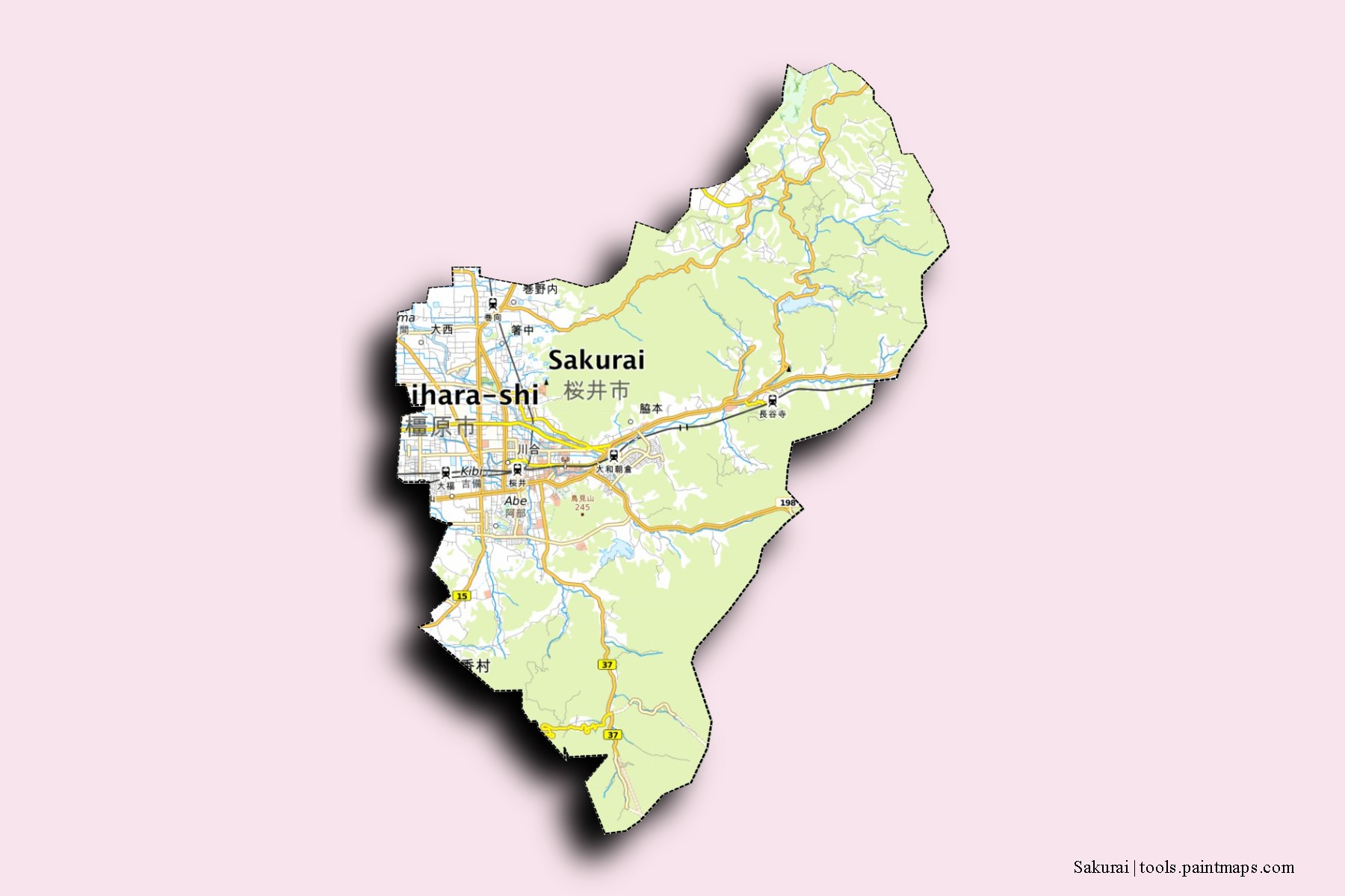 Sakurai neighborhoods and villages map with 3D shadow effect