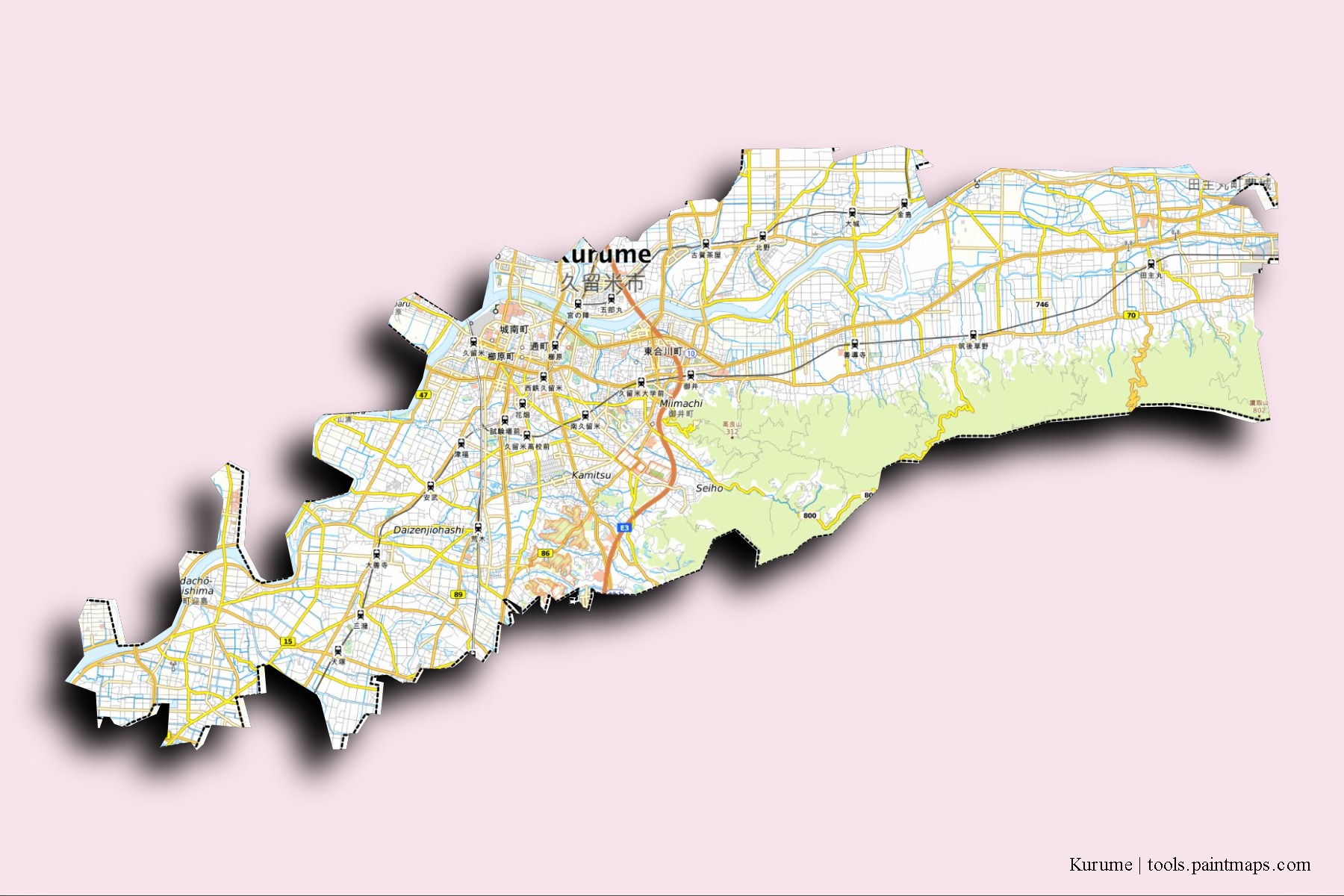 Mapa de barrios y pueblos de Kurume con efecto de sombra 3D