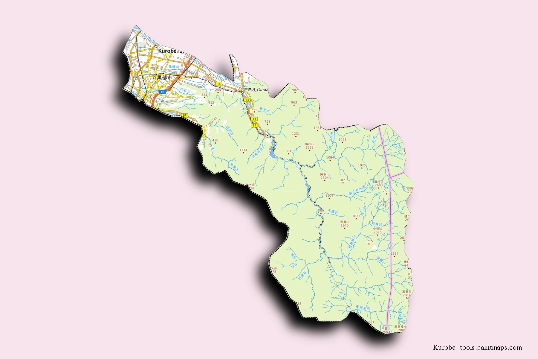 Mapa de barrios y pueblos de Kurobe con efecto de sombra 3D