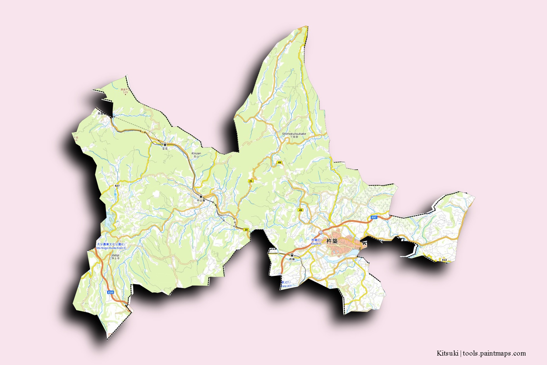 Kitsuki neighborhoods and villages map with 3D shadow effect