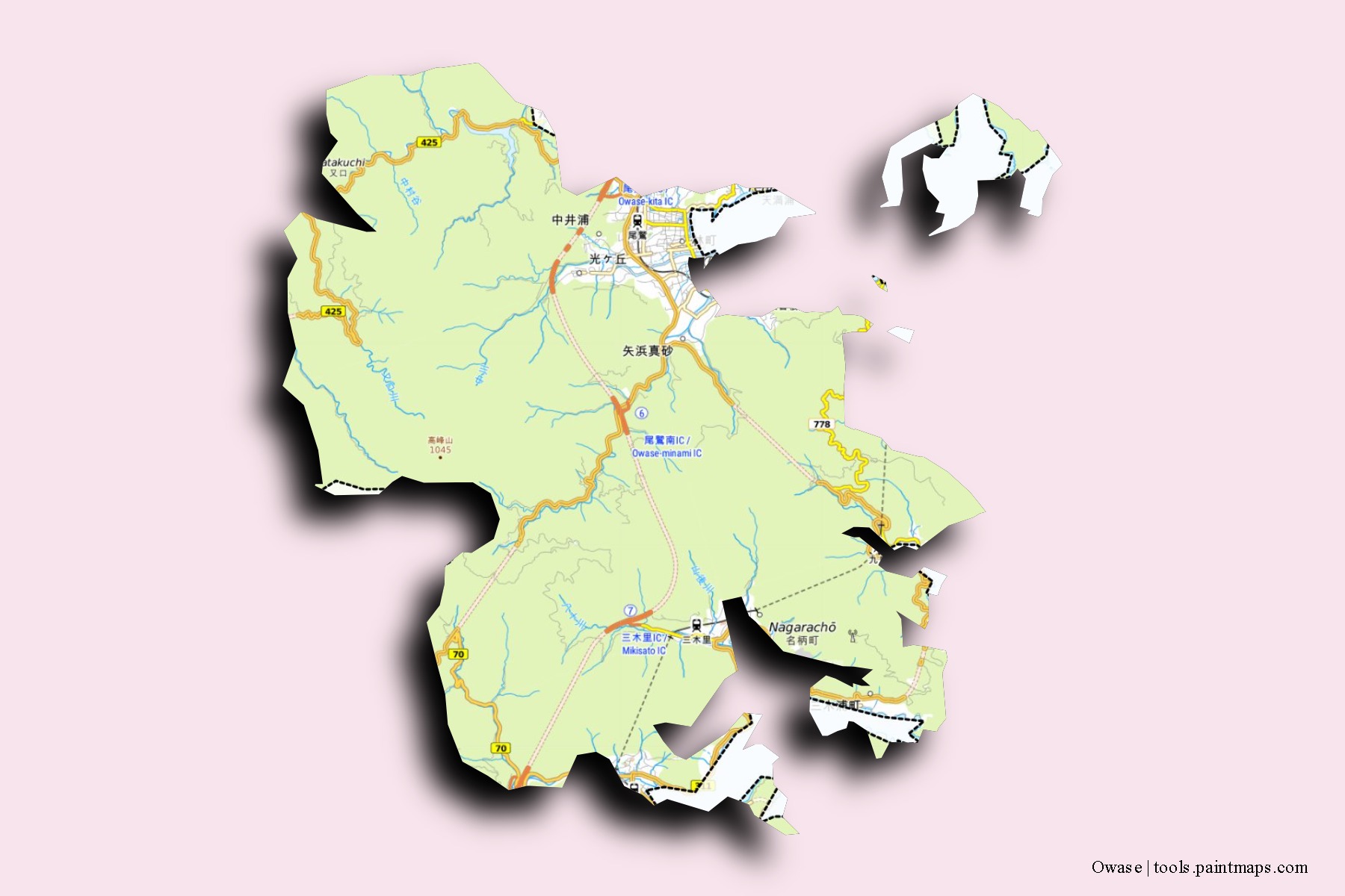 Owase neighborhoods and villages map with 3D shadow effect