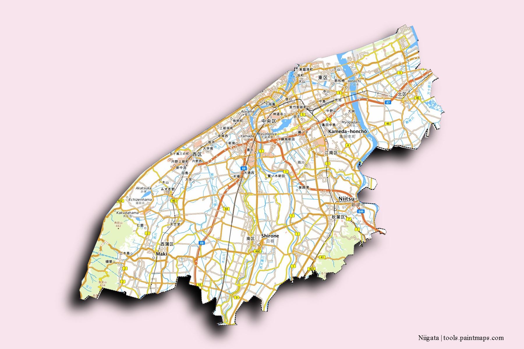 Mapa de barrios y pueblos de Niigata con efecto de sombra 3D