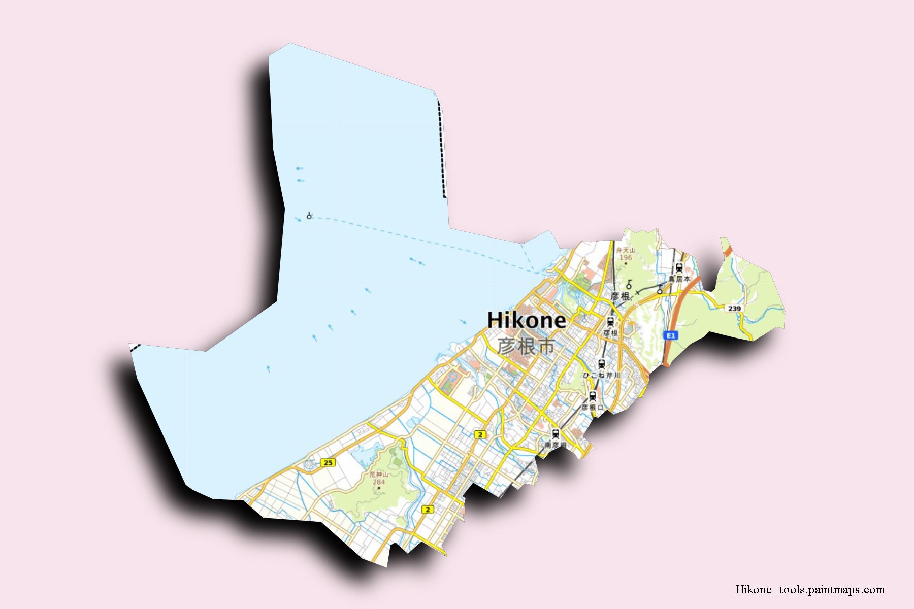 Mapa de barrios y pueblos de Hikone con efecto de sombra 3D