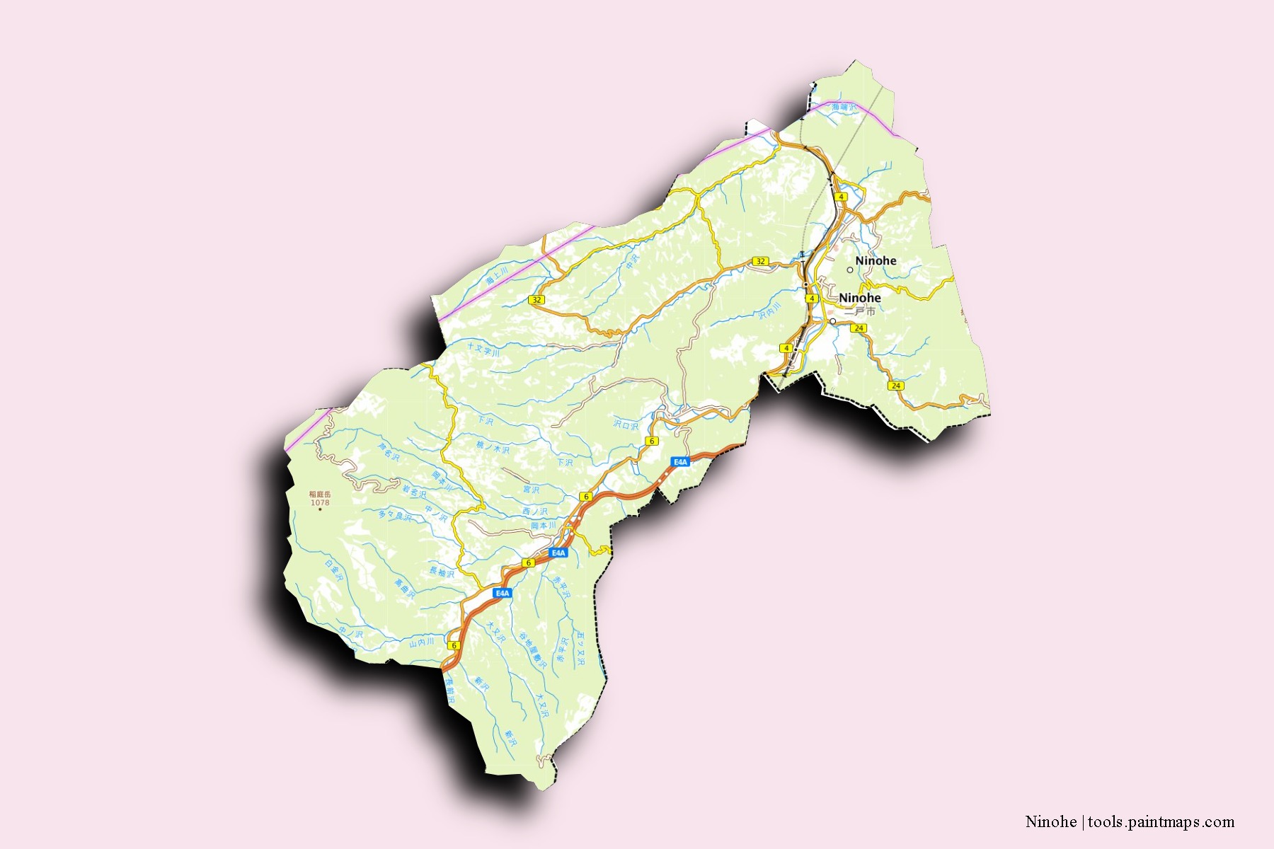 Mapa de barrios y pueblos de Ninohe con efecto de sombra 3D