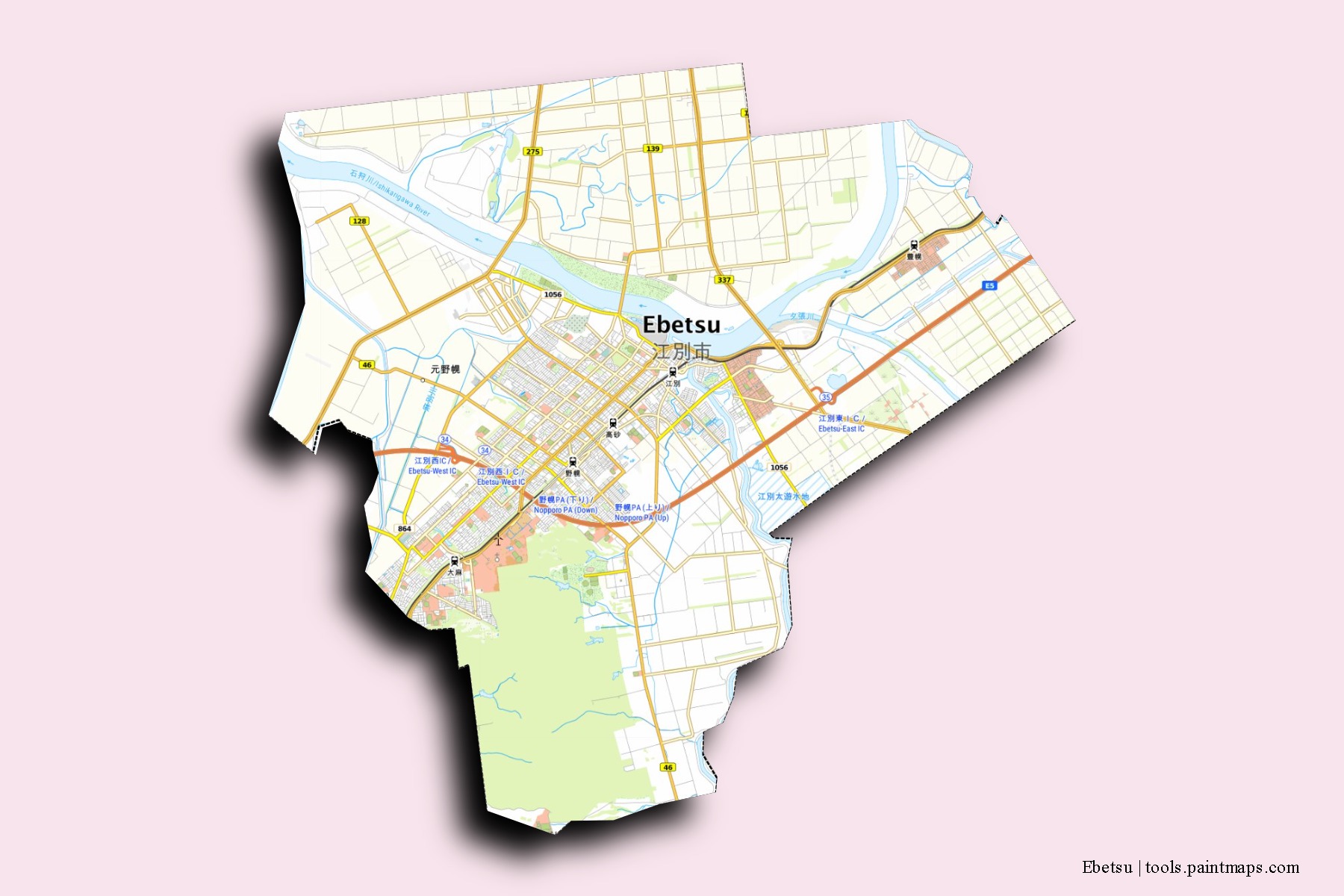 Mapa de barrios y pueblos de Ebetsu con efecto de sombra 3D