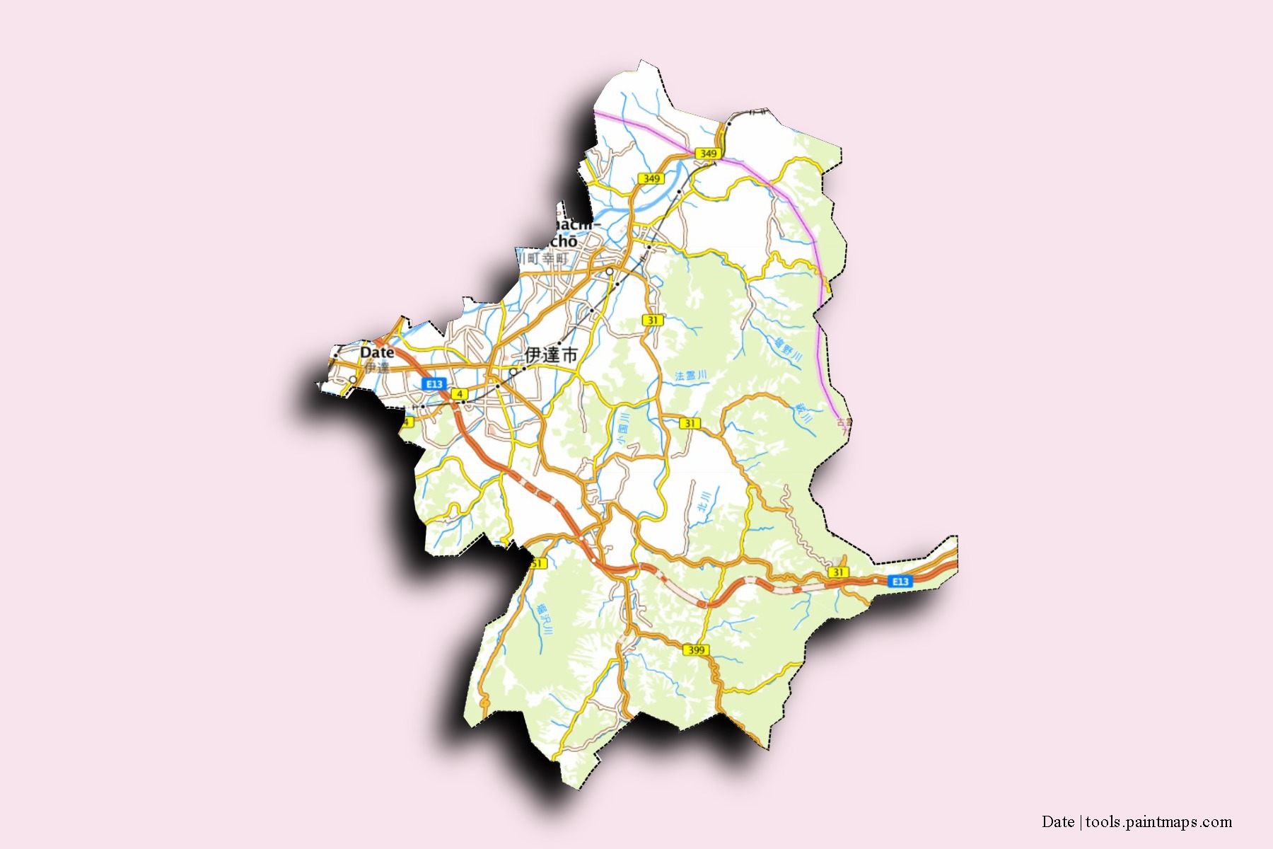 Mapa de barrios y pueblos de Date con efecto de sombra 3D