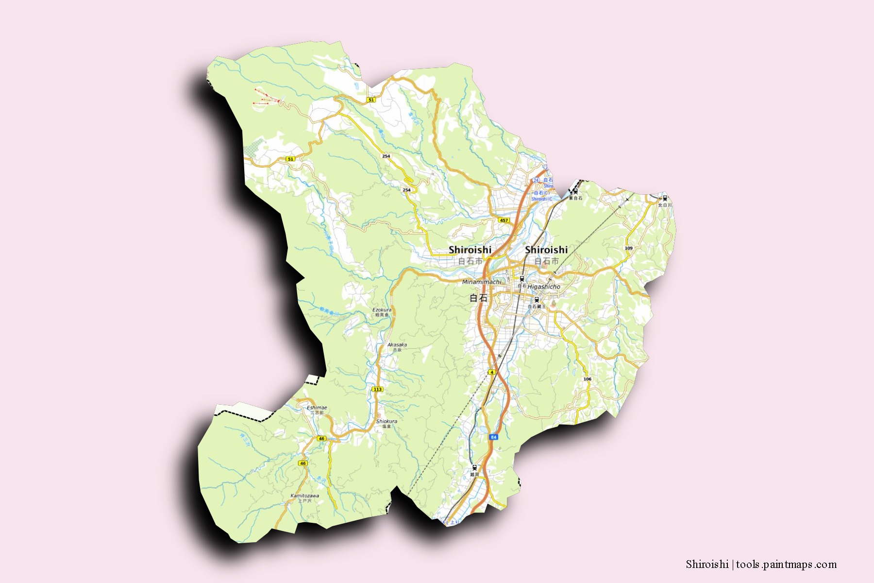 Mapa de barrios y pueblos de Shiroishi con efecto de sombra 3D