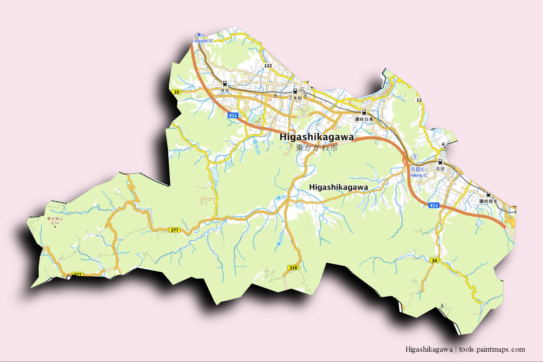 Mapa de barrios y pueblos de Higashikagawa con efecto de sombra 3D