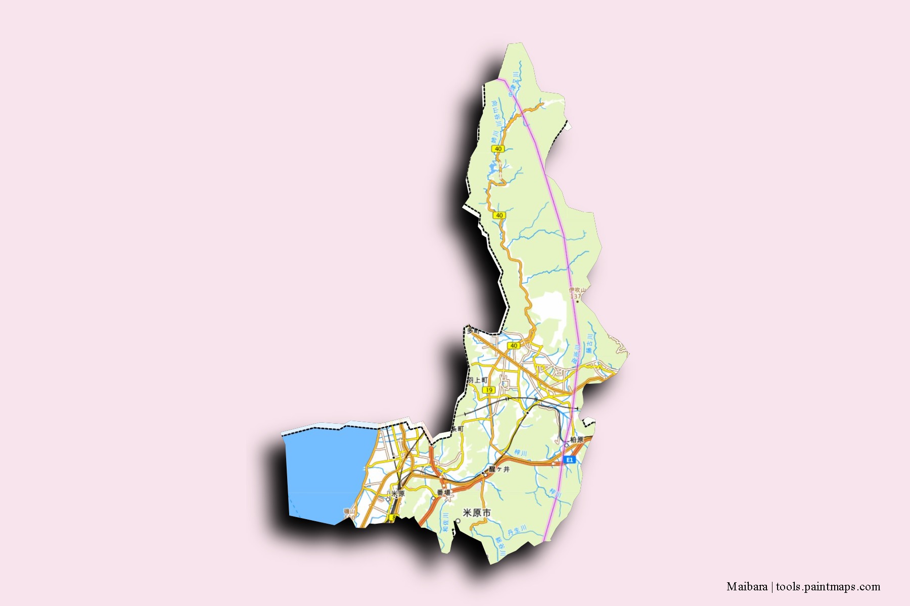 Mapa de barrios y pueblos de Maibara con efecto de sombra 3D