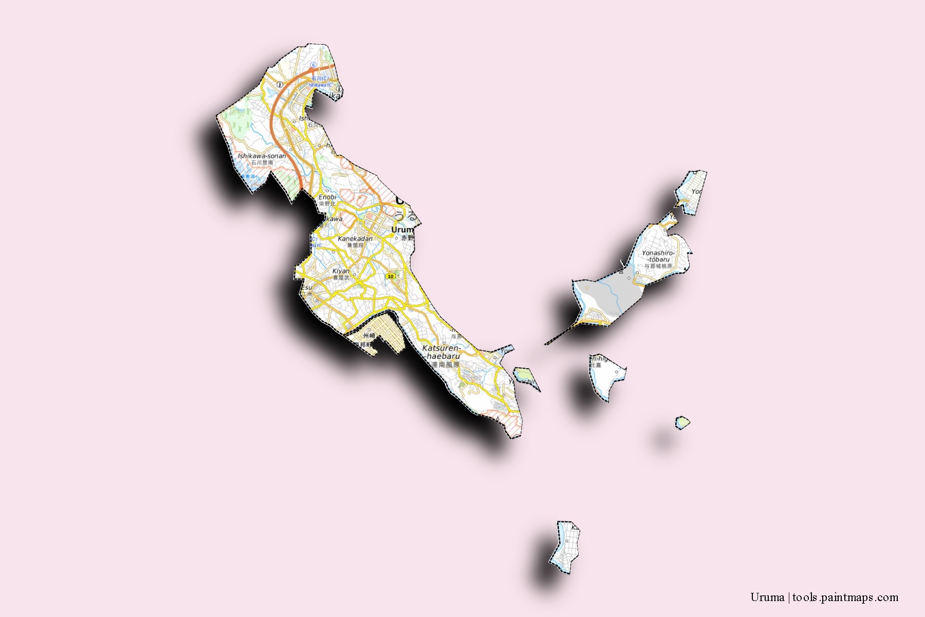 Mapa de barrios y pueblos de Uruma con efecto de sombra 3D