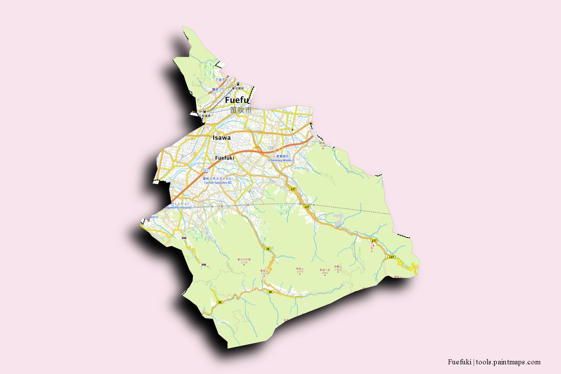 Mapa de barrios y pueblos de Fuefuki con efecto de sombra 3D