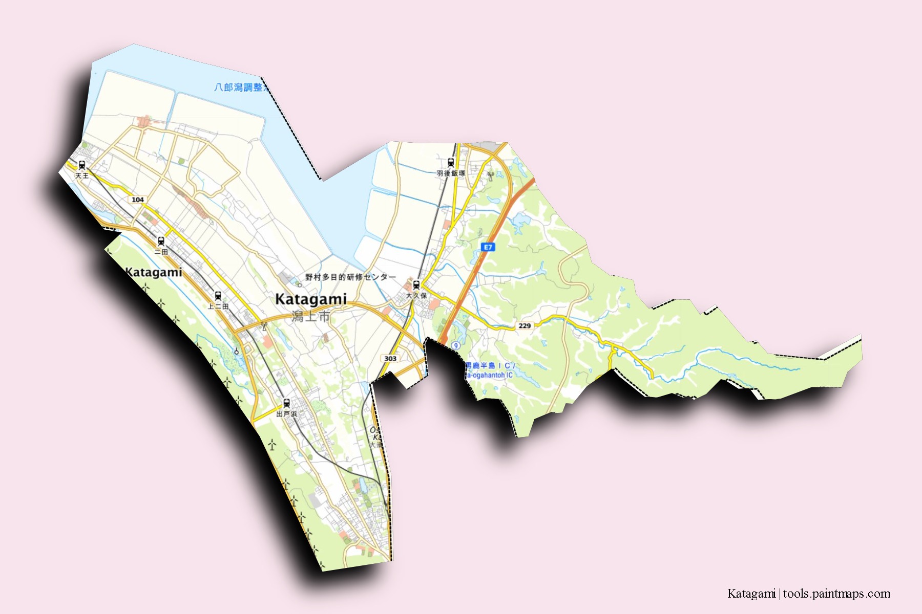 Katagami neighborhoods and villages map with 3D shadow effect