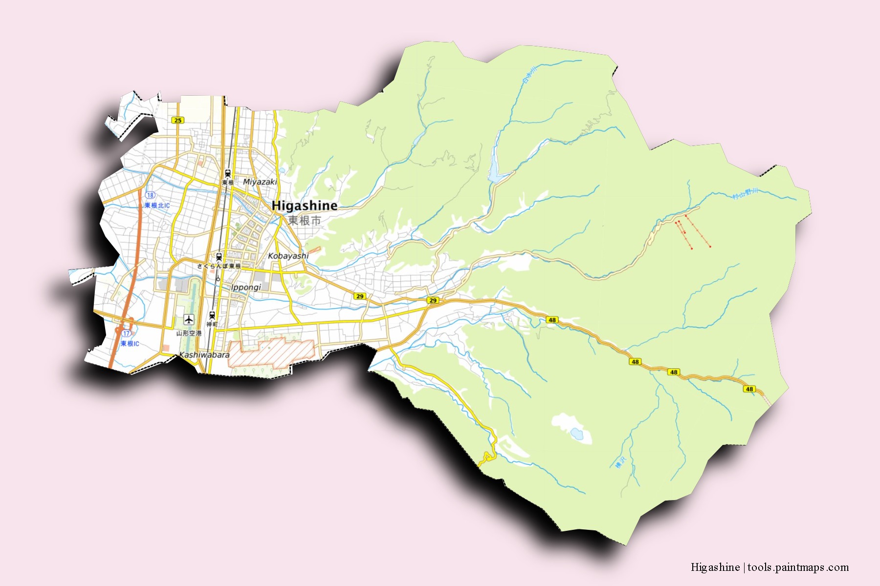 Mapa de barrios y pueblos de Higashine con efecto de sombra 3D