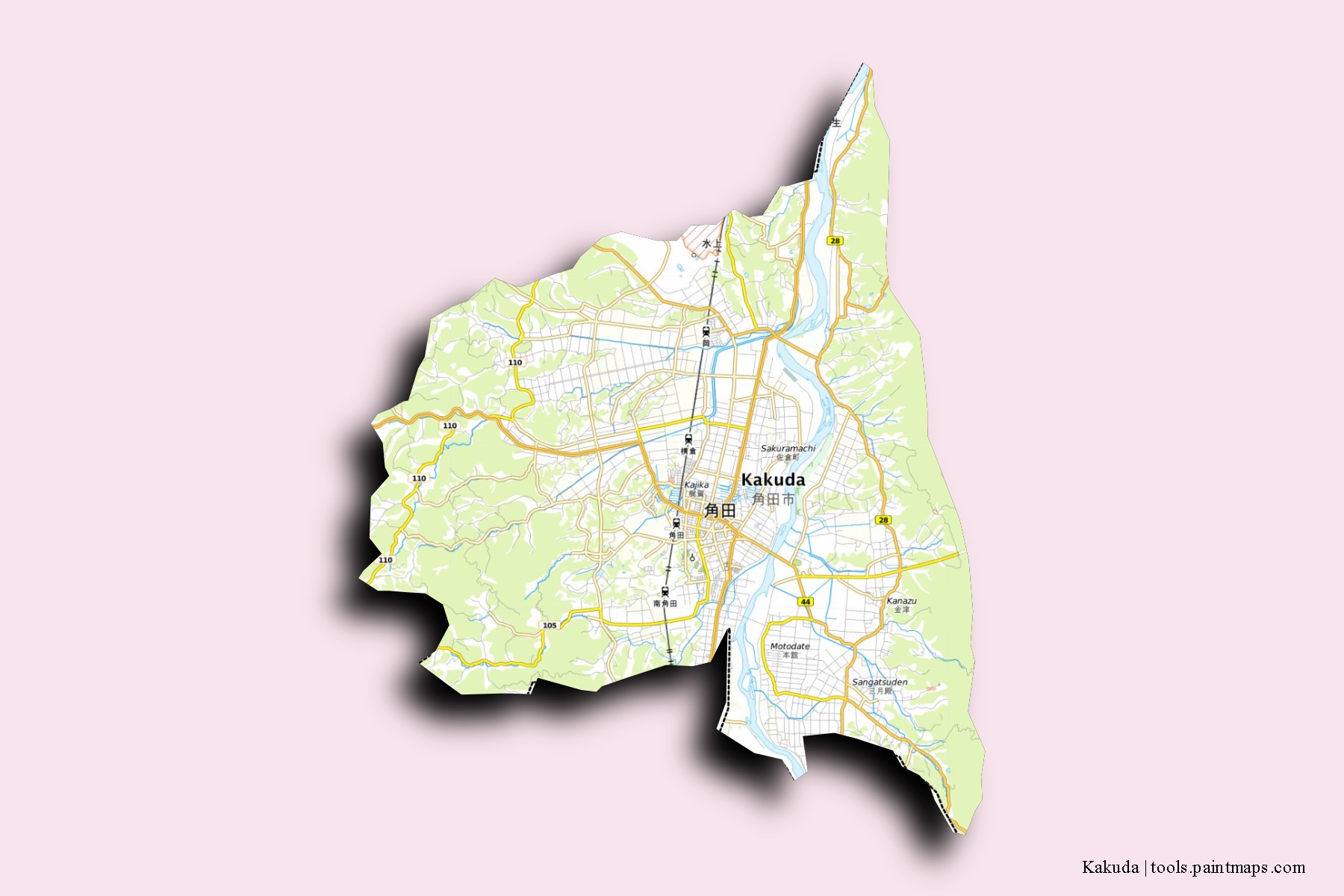 Kakuda neighborhoods and villages map with 3D shadow effect