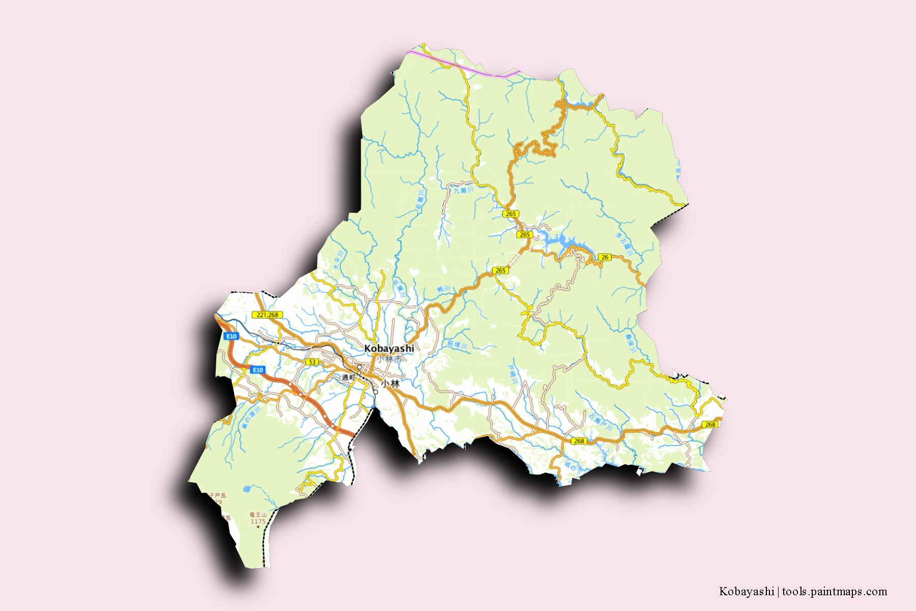 Mapa de barrios y pueblos de Kobayashi con efecto de sombra 3D