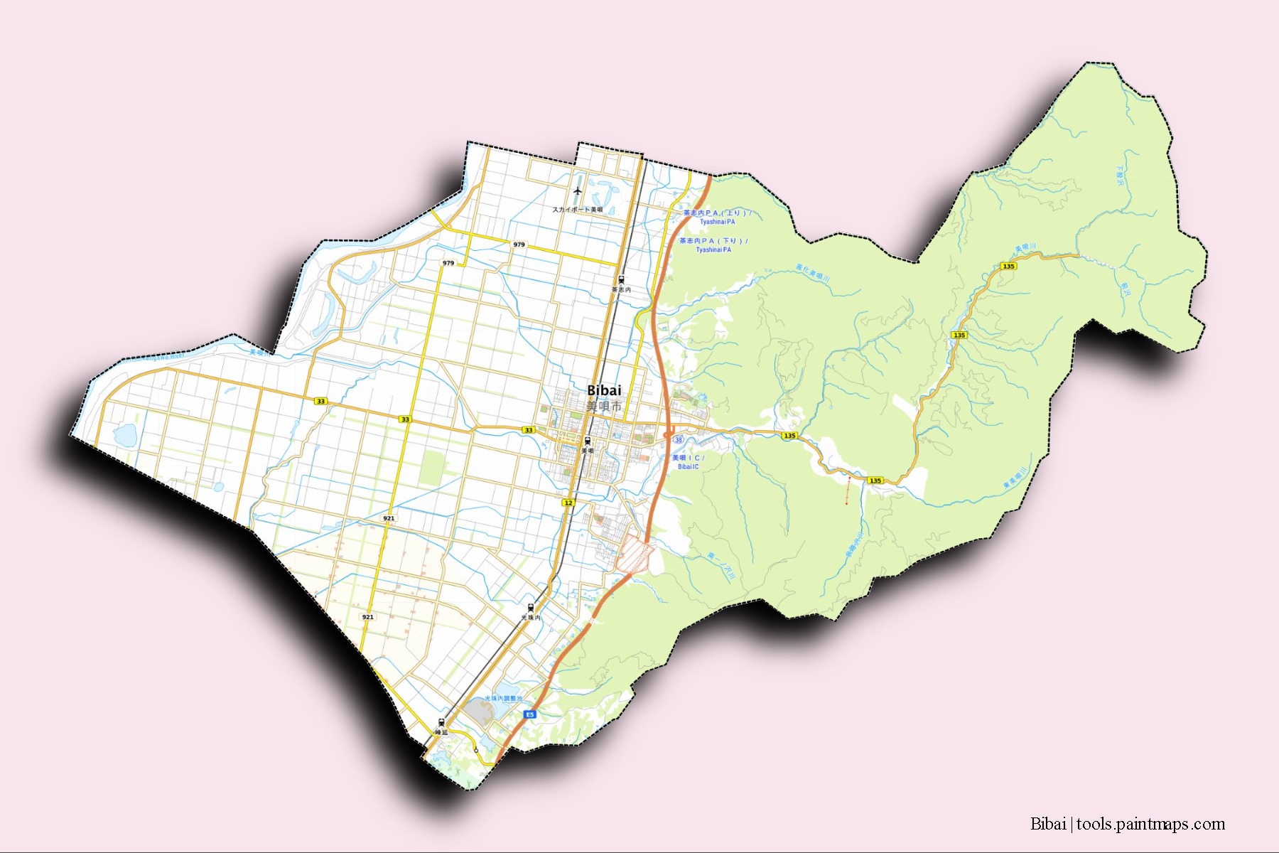 Mapa de barrios y pueblos de Bibai con efecto de sombra 3D