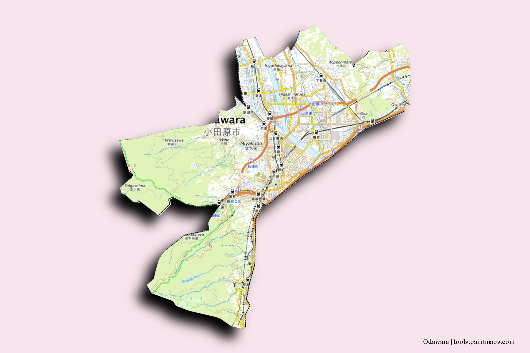 Mapa de barrios y pueblos de Odawara con efecto de sombra 3D