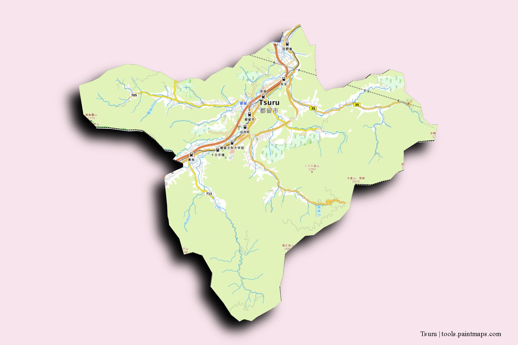 Mapa de barrios y pueblos de Tsuru con efecto de sombra 3D