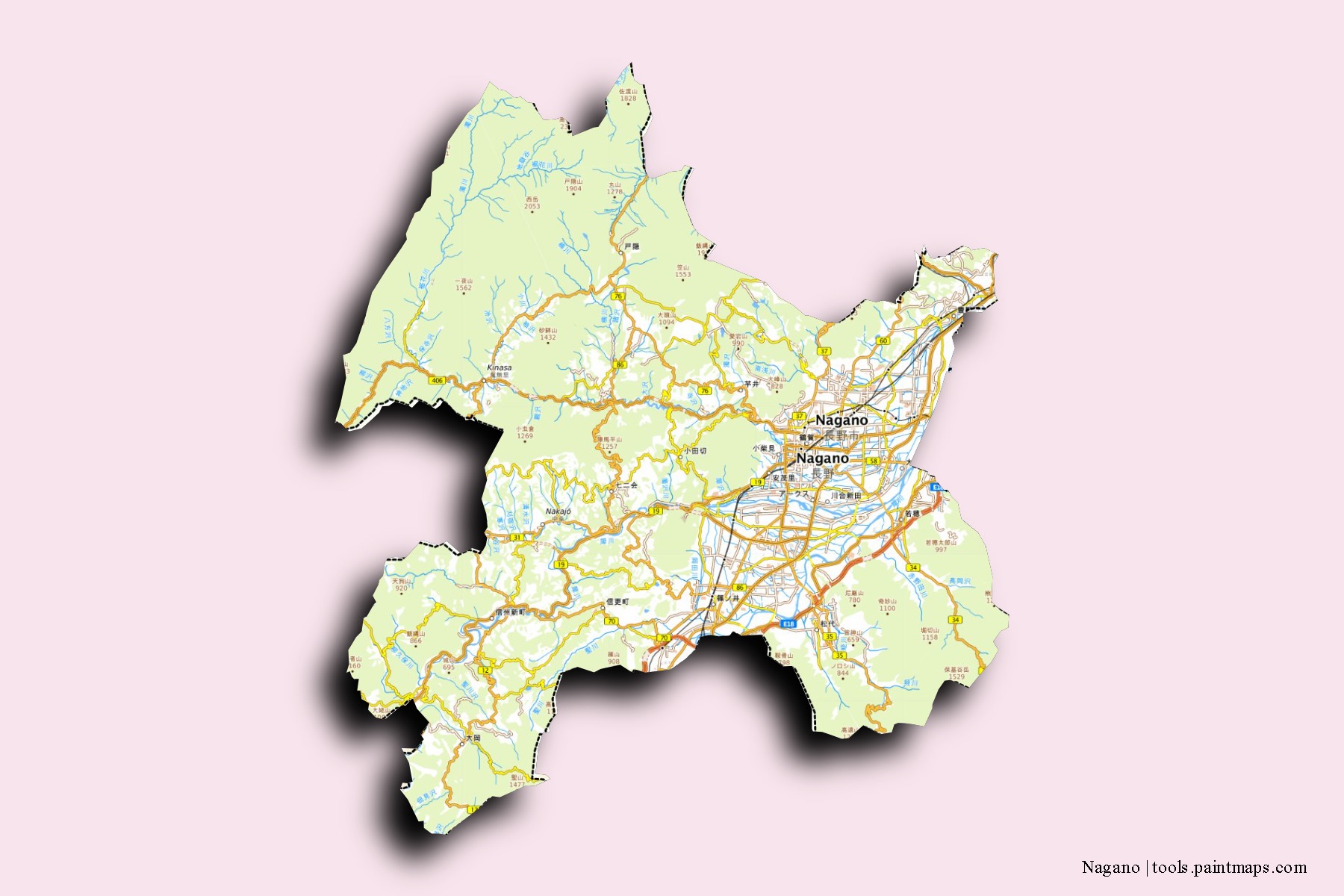 Nagano neighborhoods and villages map with 3D shadow effect