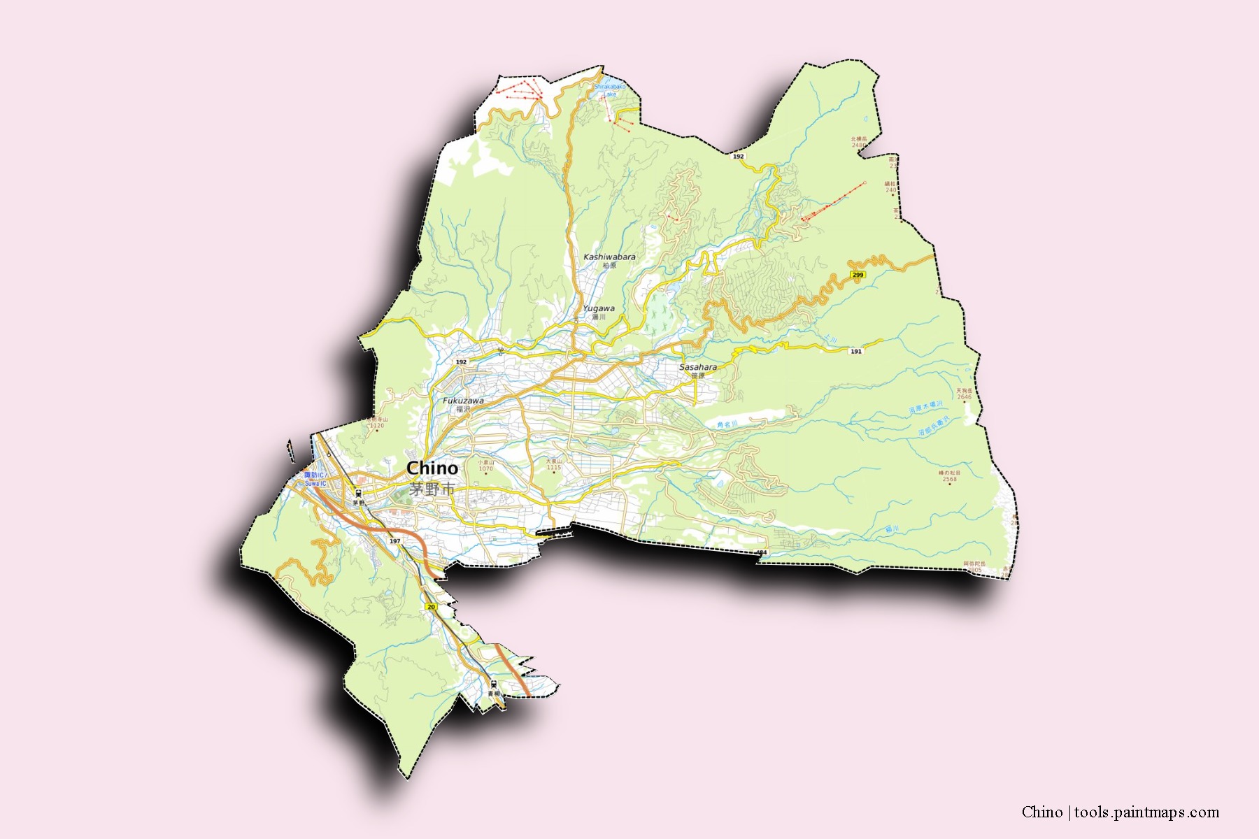 Chino neighborhoods and villages map with 3D shadow effect