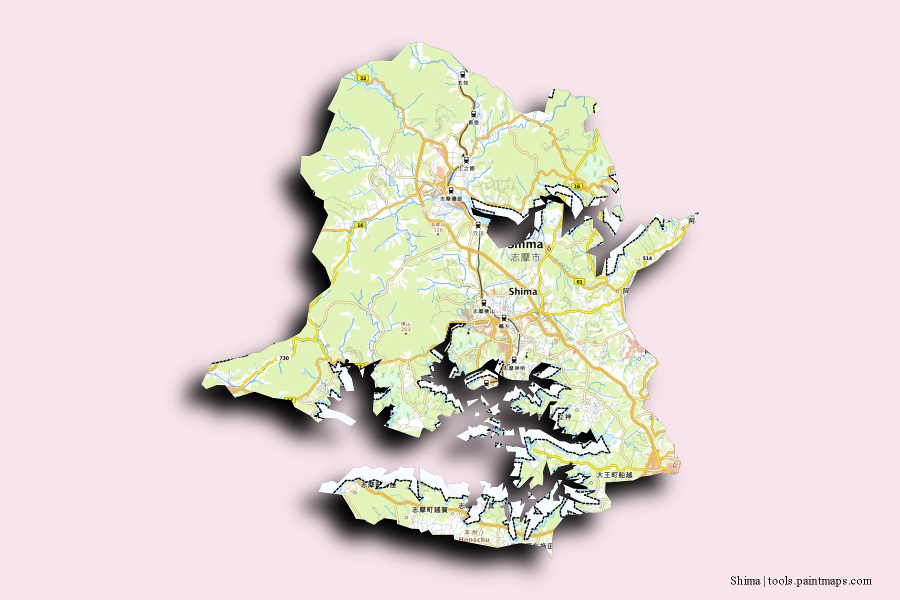 Mapa de barrios y pueblos de Shima con efecto de sombra 3D