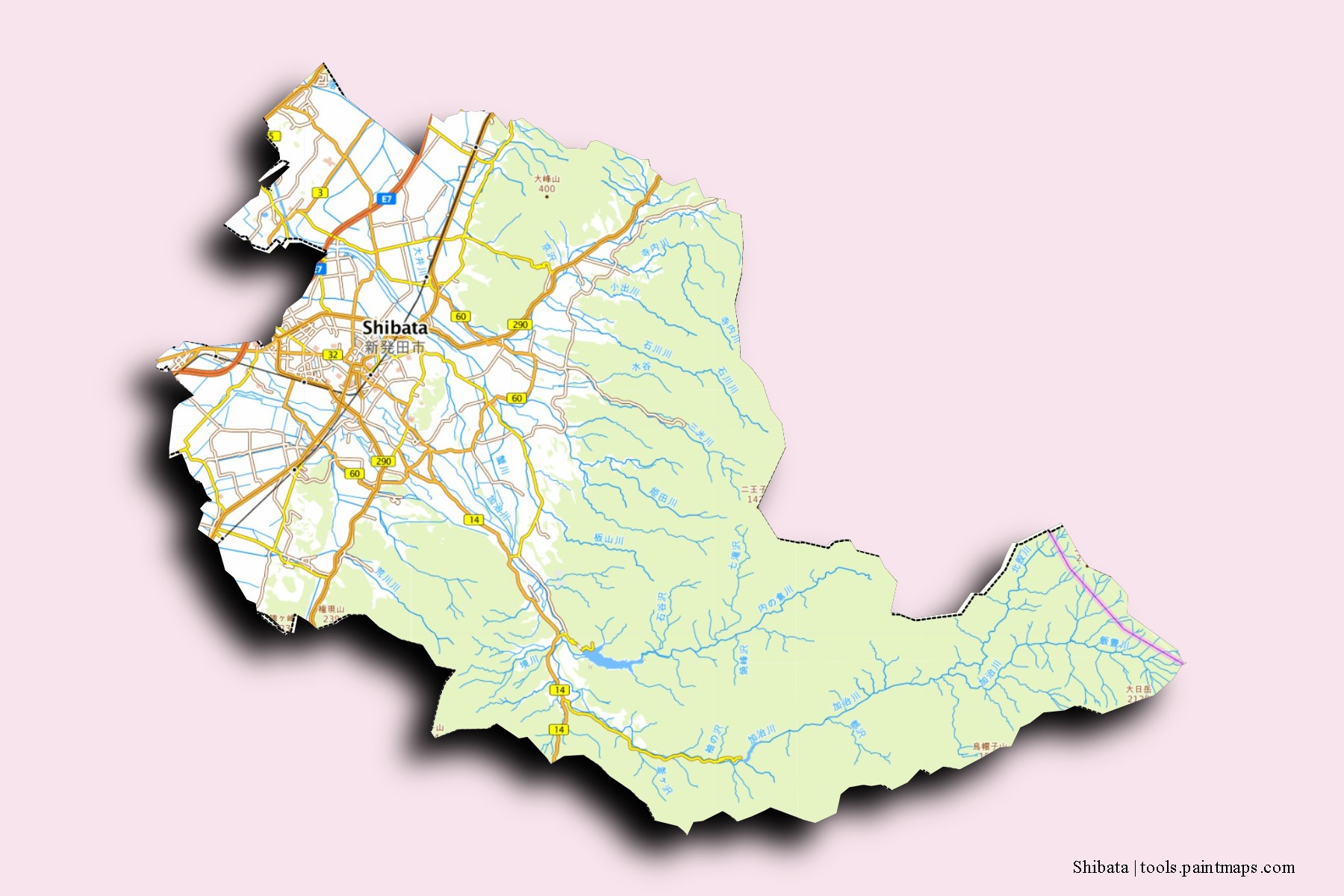 Shibata neighborhoods and villages map with 3D shadow effect