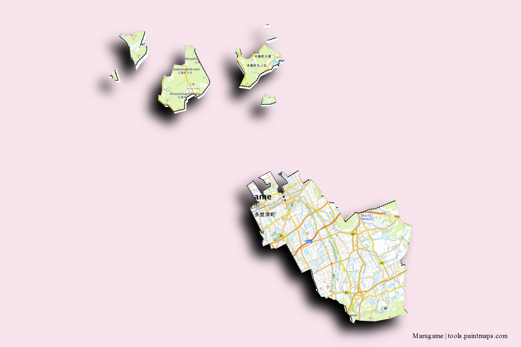 Mapa de barrios y pueblos de Marugame con efecto de sombra 3D