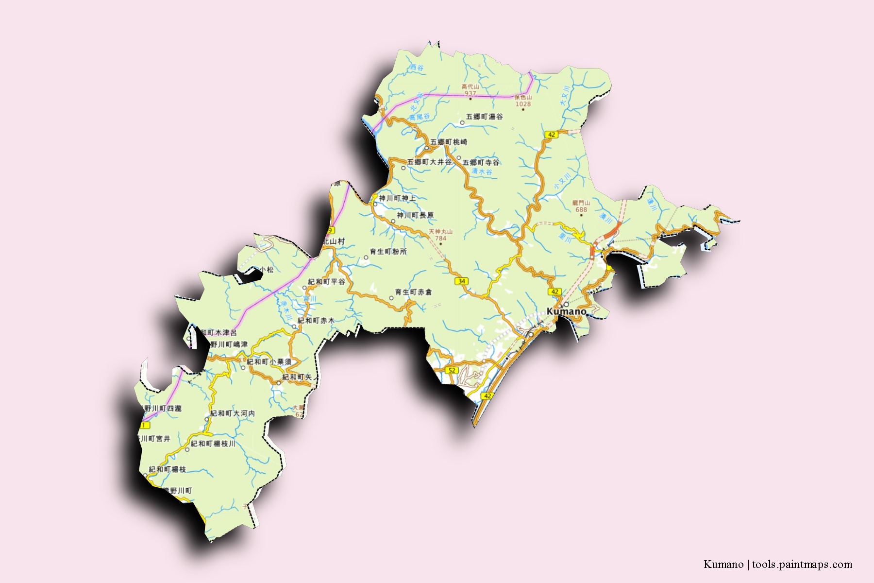 Kumano neighborhoods and villages map with 3D shadow effect