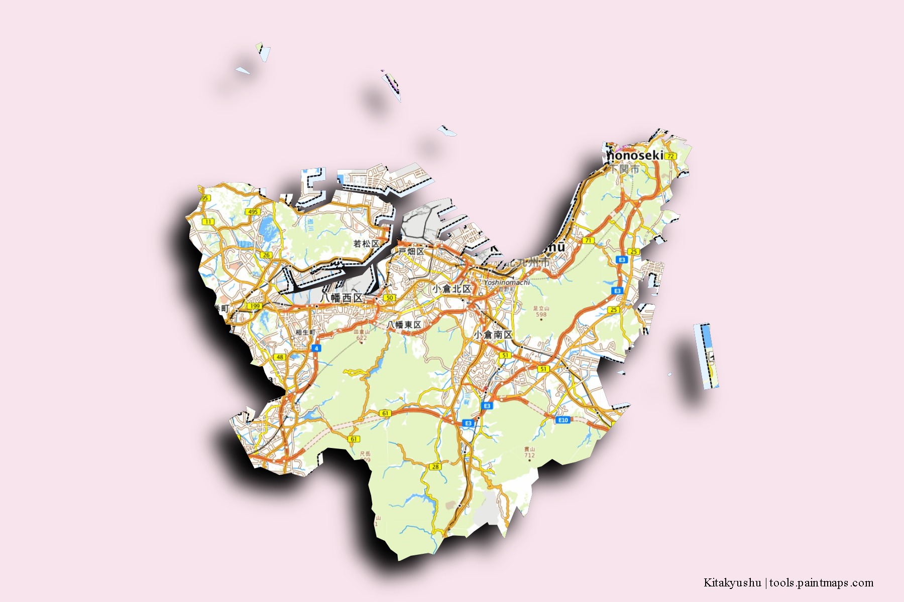 Kitakyushu neighborhoods and villages map with 3D shadow effect