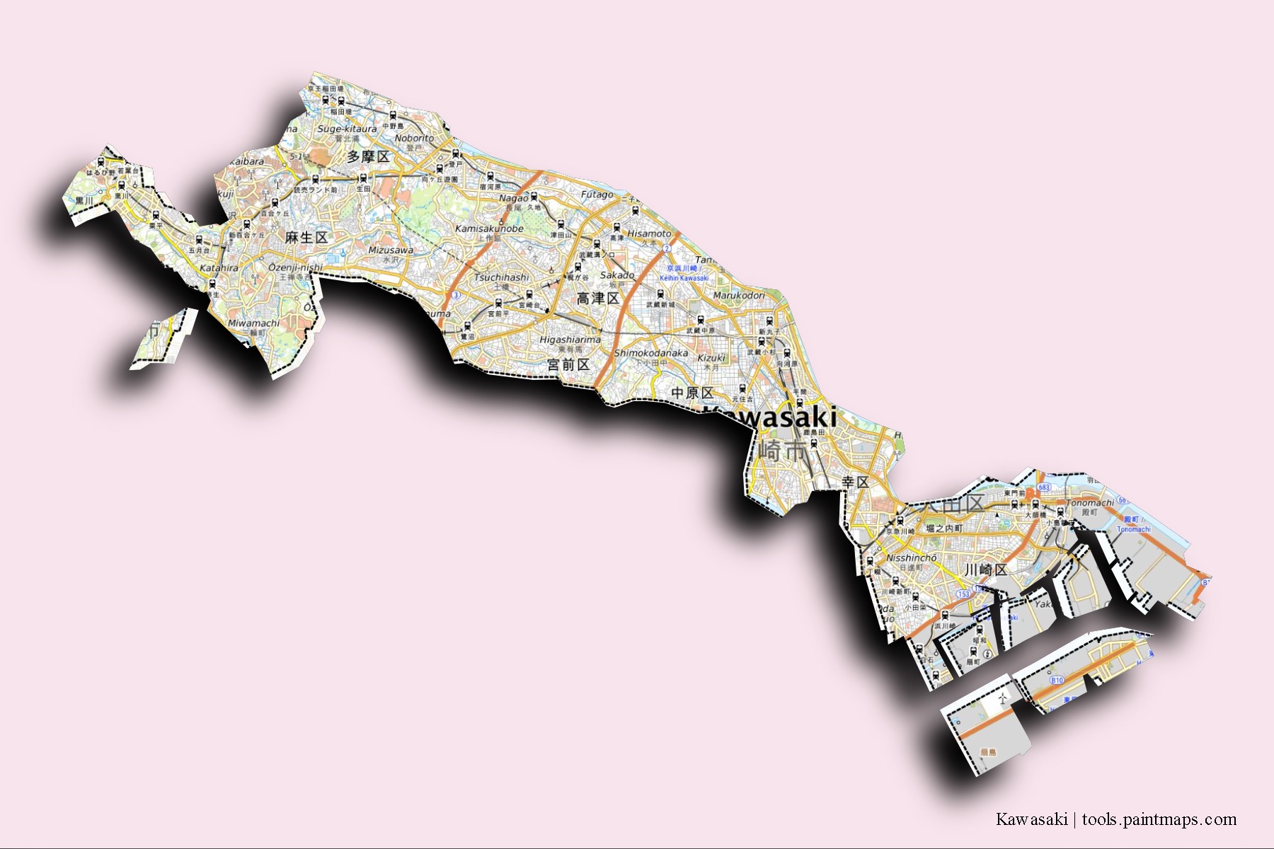 Mapa de barrios y pueblos de Kawasaki con efecto de sombra 3D