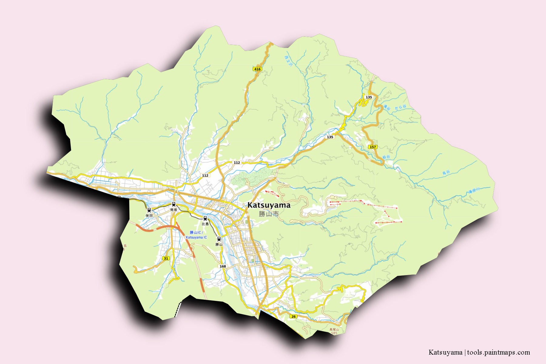 Katsuyama neighborhoods and villages map with 3D shadow effect