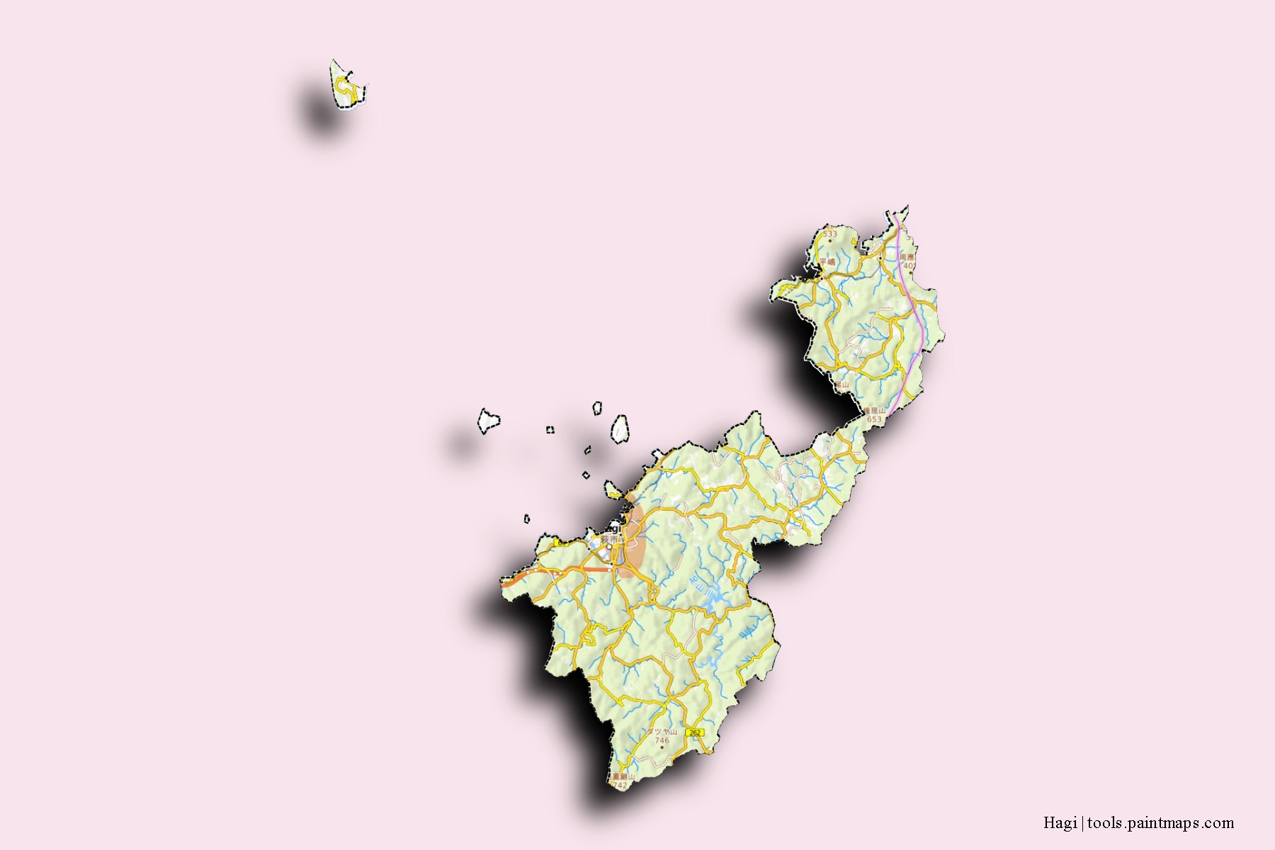 Mapa de barrios y pueblos de Hagi con efecto de sombra 3D