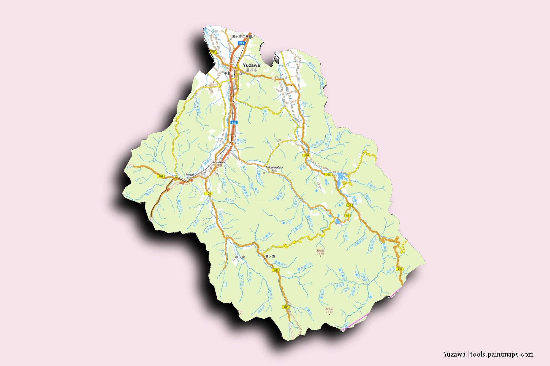 Mapa de barrios y pueblos de Yuzawa con efecto de sombra 3D