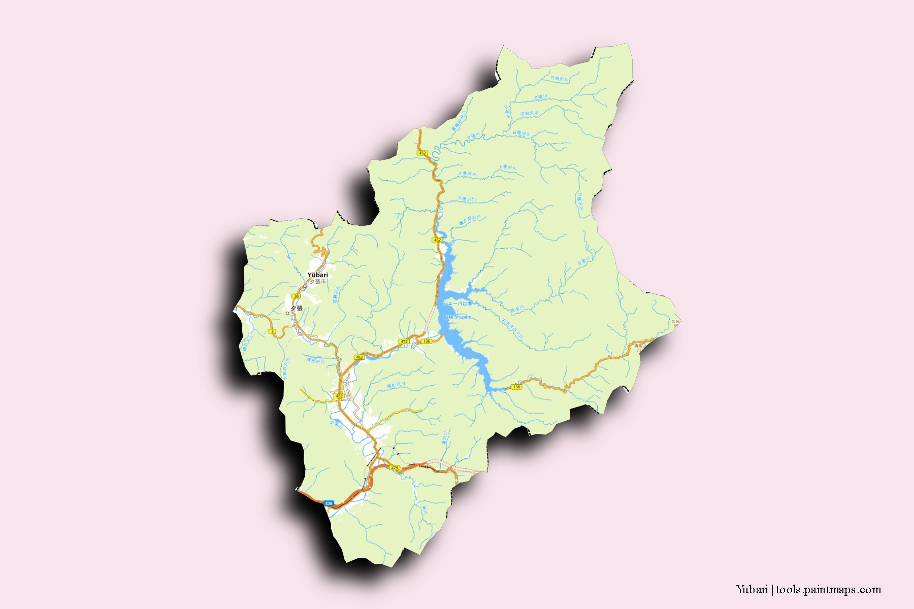 Mapa de barrios y pueblos de Yubari con efecto de sombra 3D