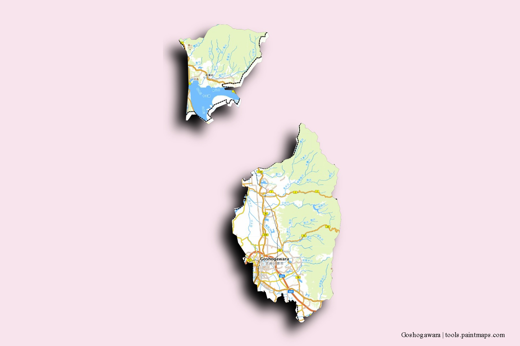 Goshogawara neighborhoods and villages map with 3D shadow effect