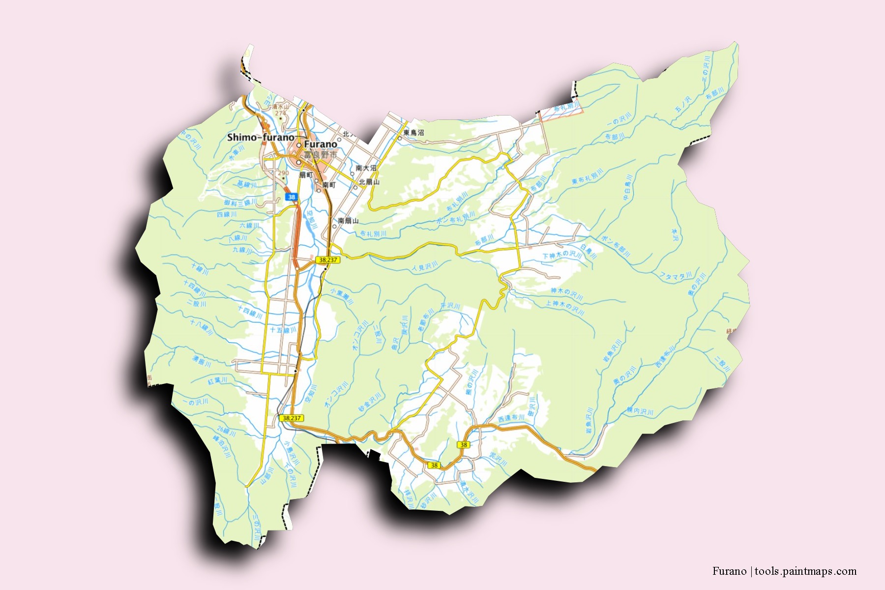 Furano neighborhoods and villages map with 3D shadow effect