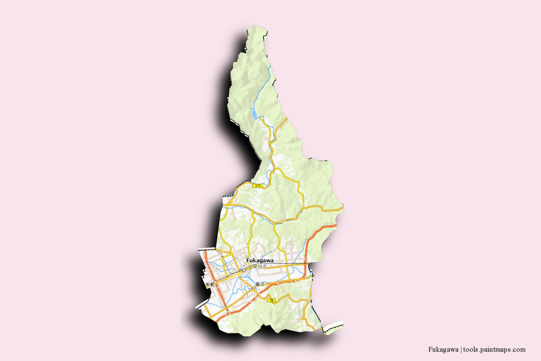 Mapa de barrios y pueblos de Fukagawa con efecto de sombra 3D