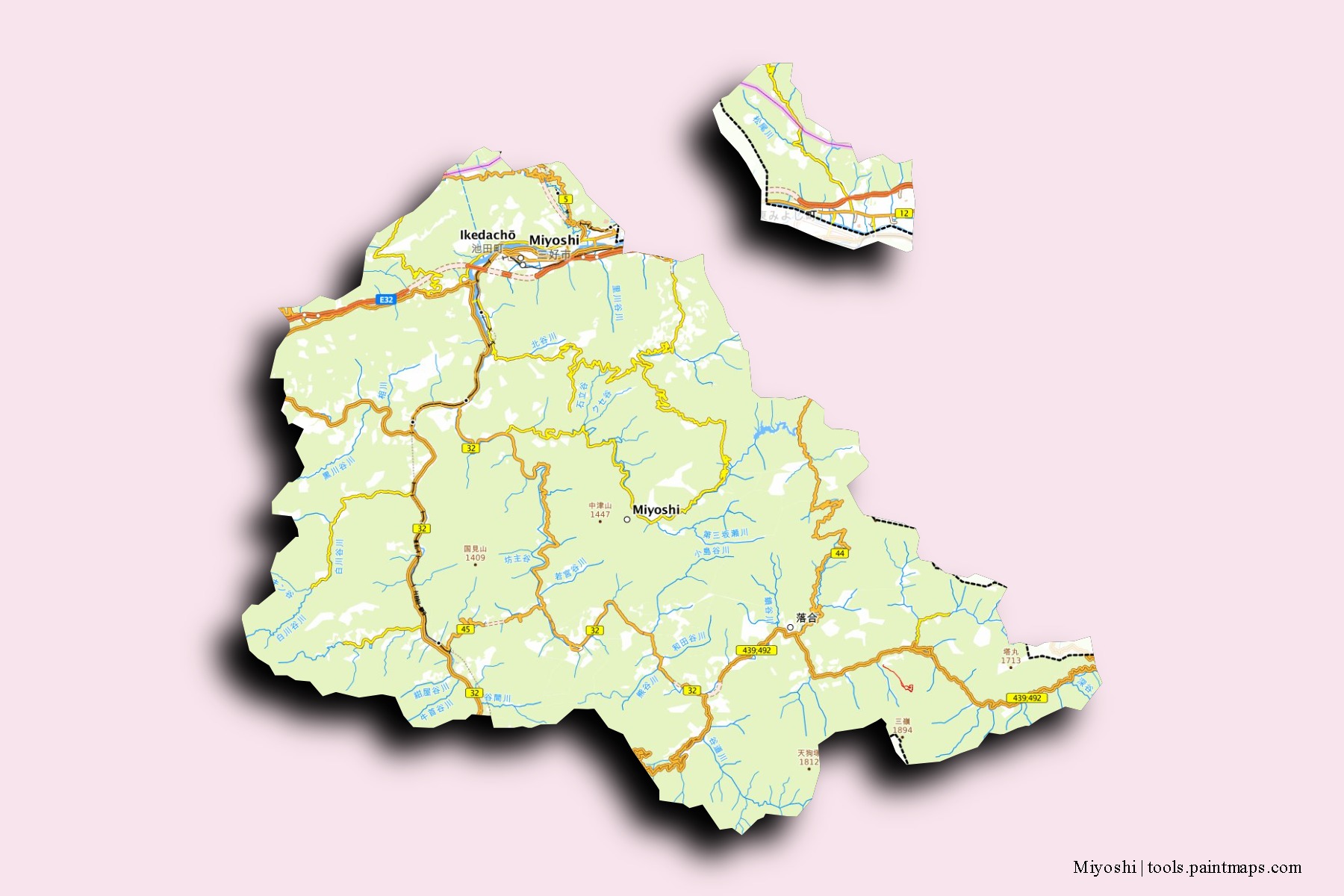 Miyoshi neighborhoods and villages map with 3D shadow effect