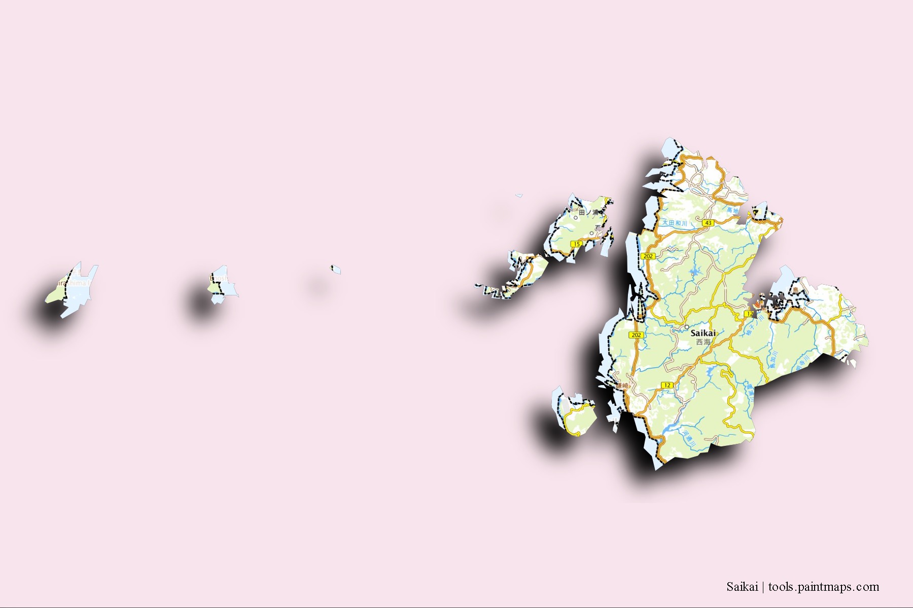 3D gölge efektli Saikai mahalleleri ve köyleri haritası