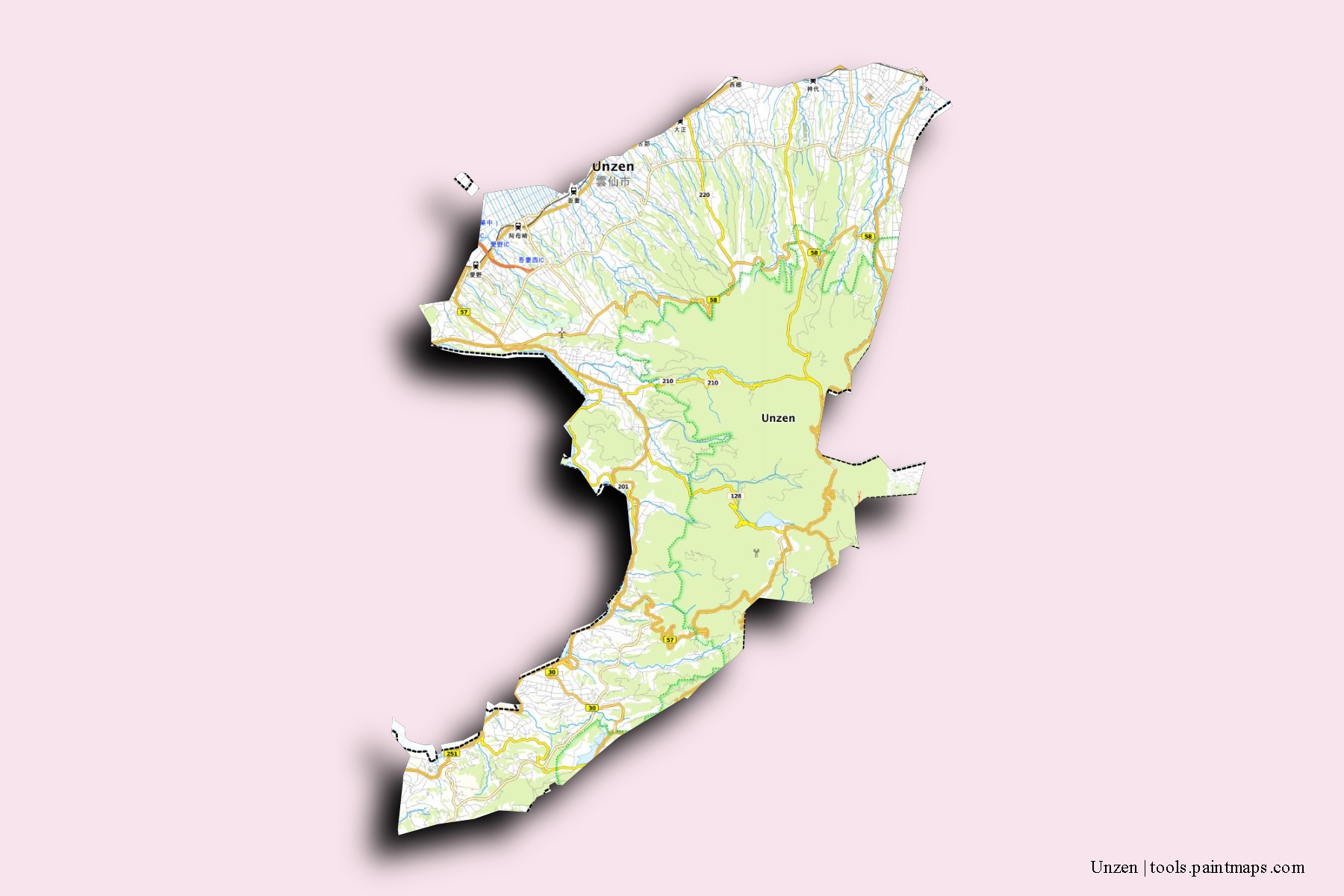 Mapa de barrios y pueblos de Unzen con efecto de sombra 3D