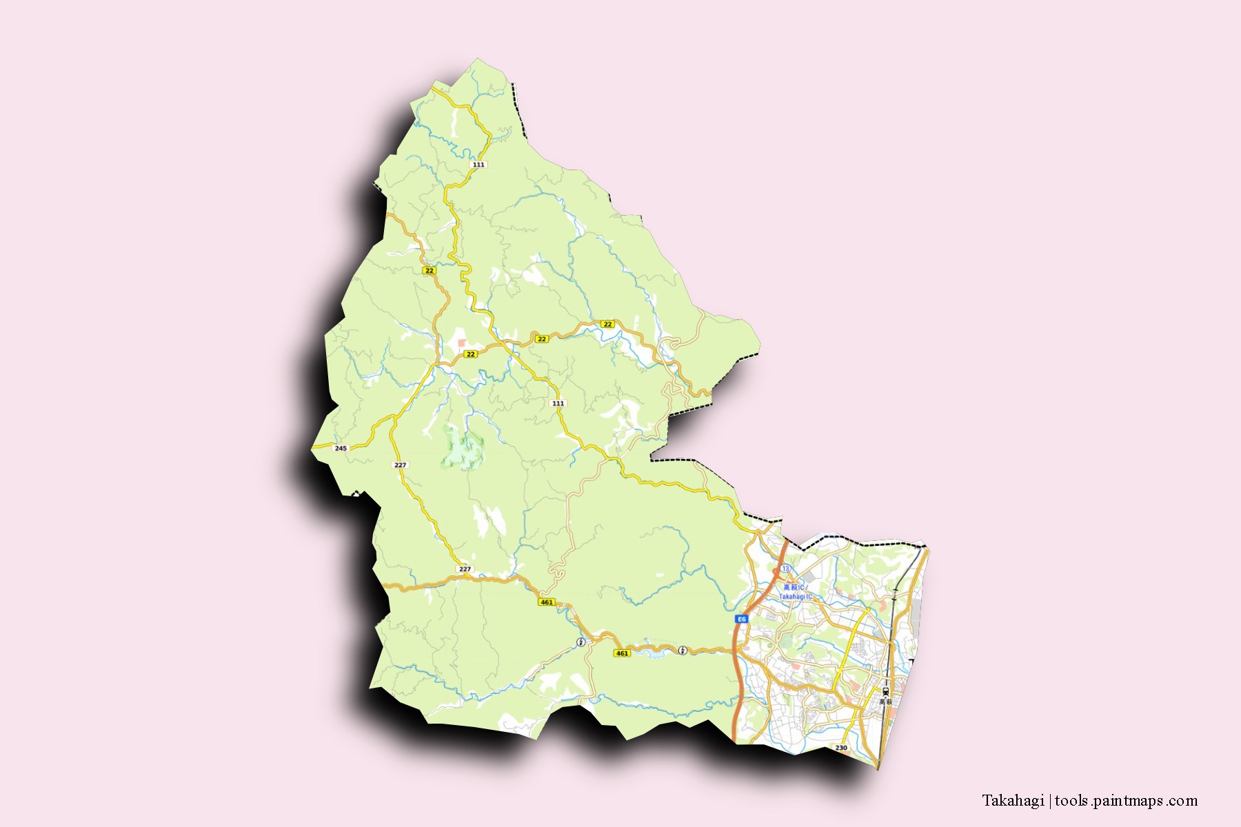 Mapa de barrios y pueblos de Takahagi con efecto de sombra 3D