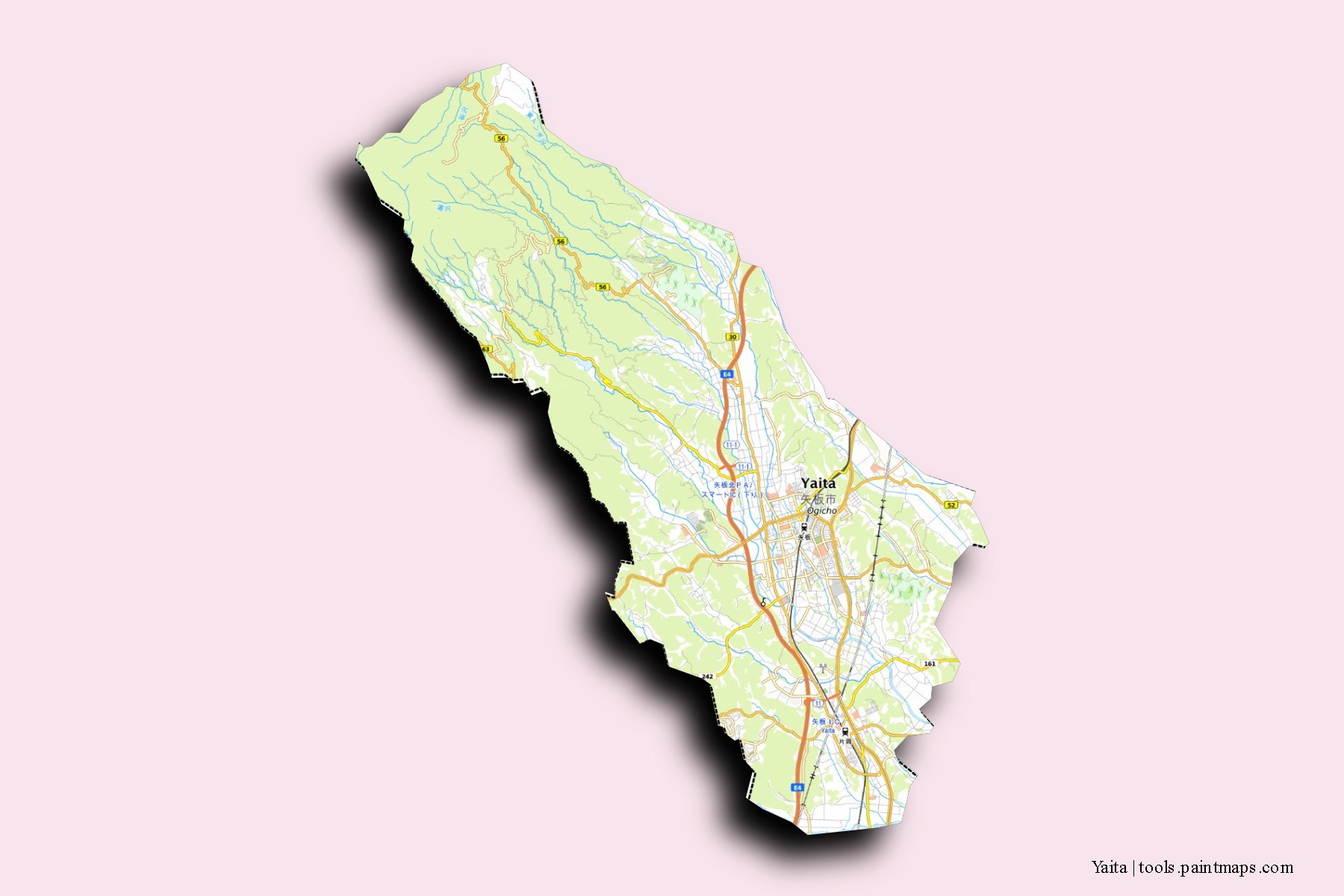 Mapa de barrios y pueblos de Yaita con efecto de sombra 3D